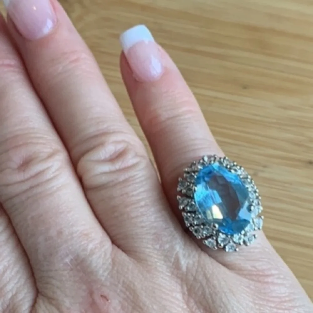 Statement Simulated Crystal Diamond & Blue Stone Marked “925 Spain” Ring